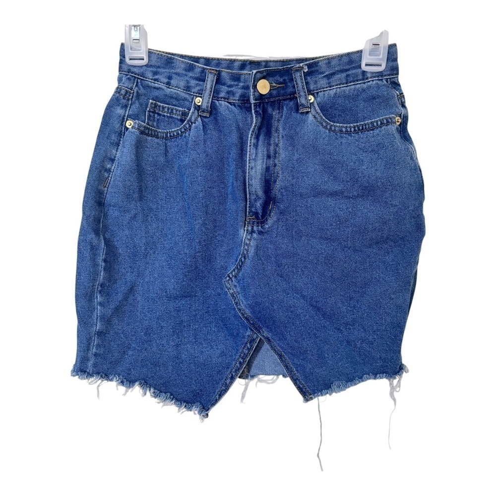 3/$15 Showpo. asymmetric angle sit Frayed Hem blue denim mini skirt size 2